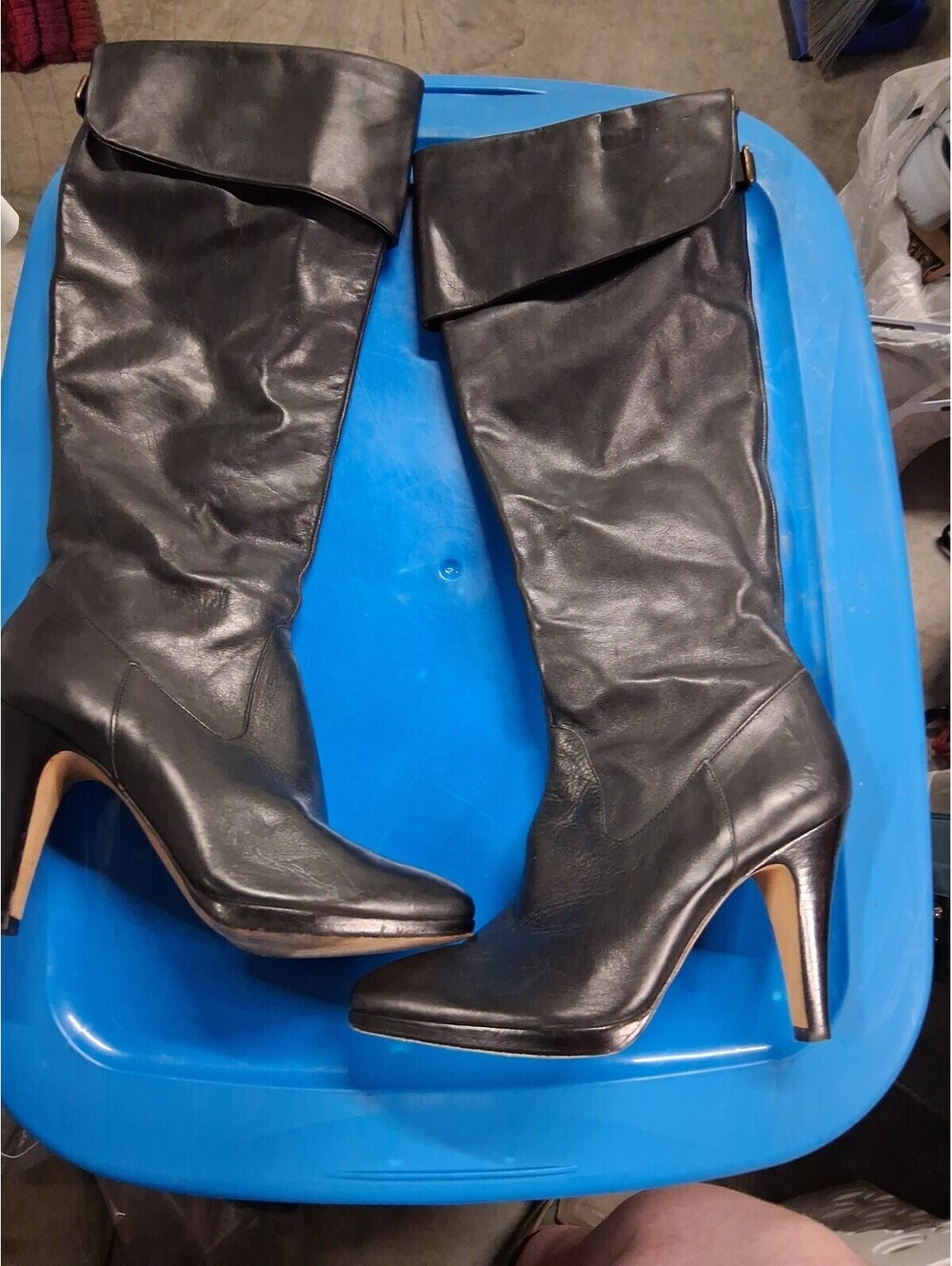 Banana Republic Black Leather Buckle Knee High Boots High Heel Side Zip 7.5